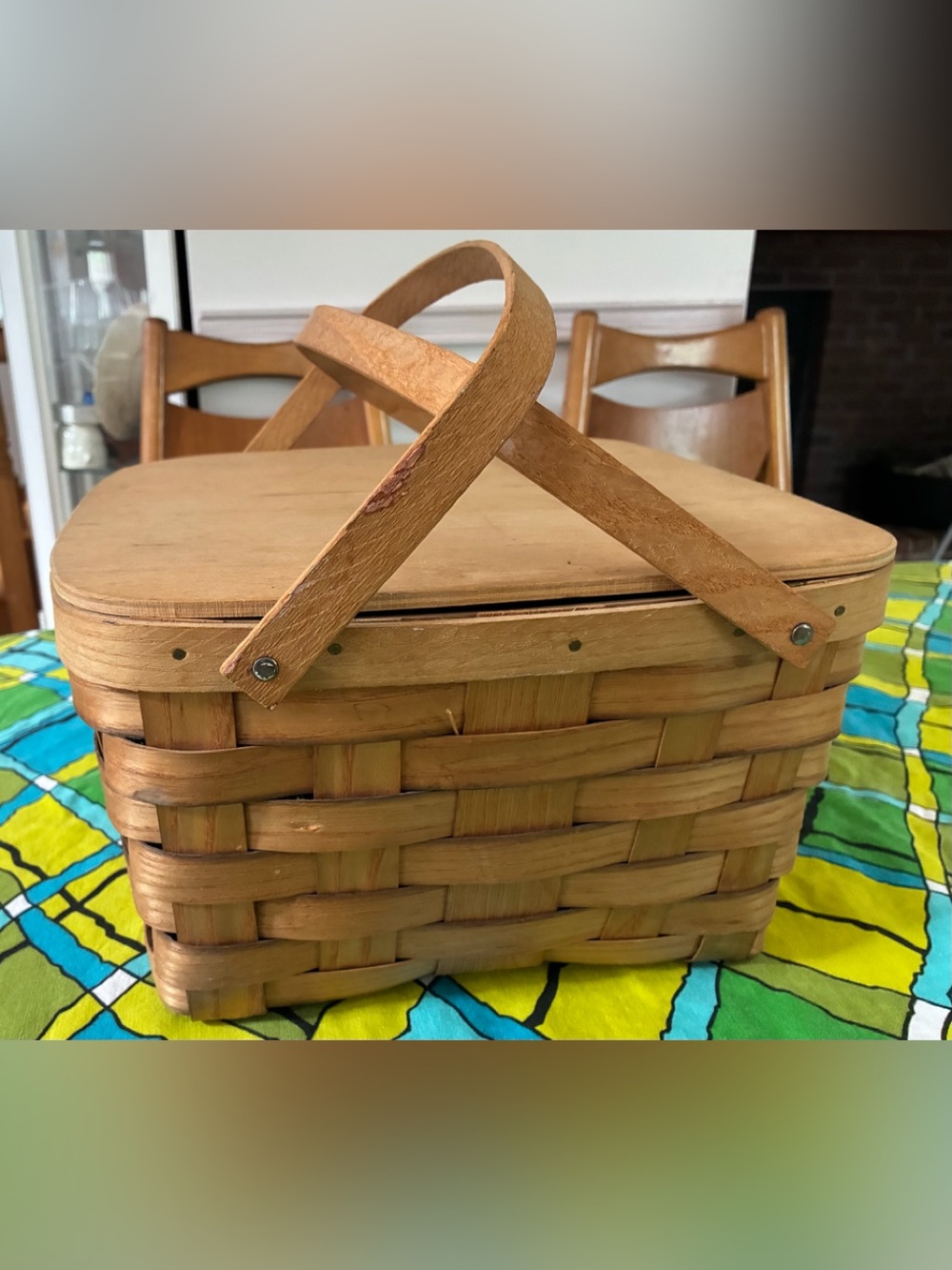 Vintage wood and wicker picnic basket